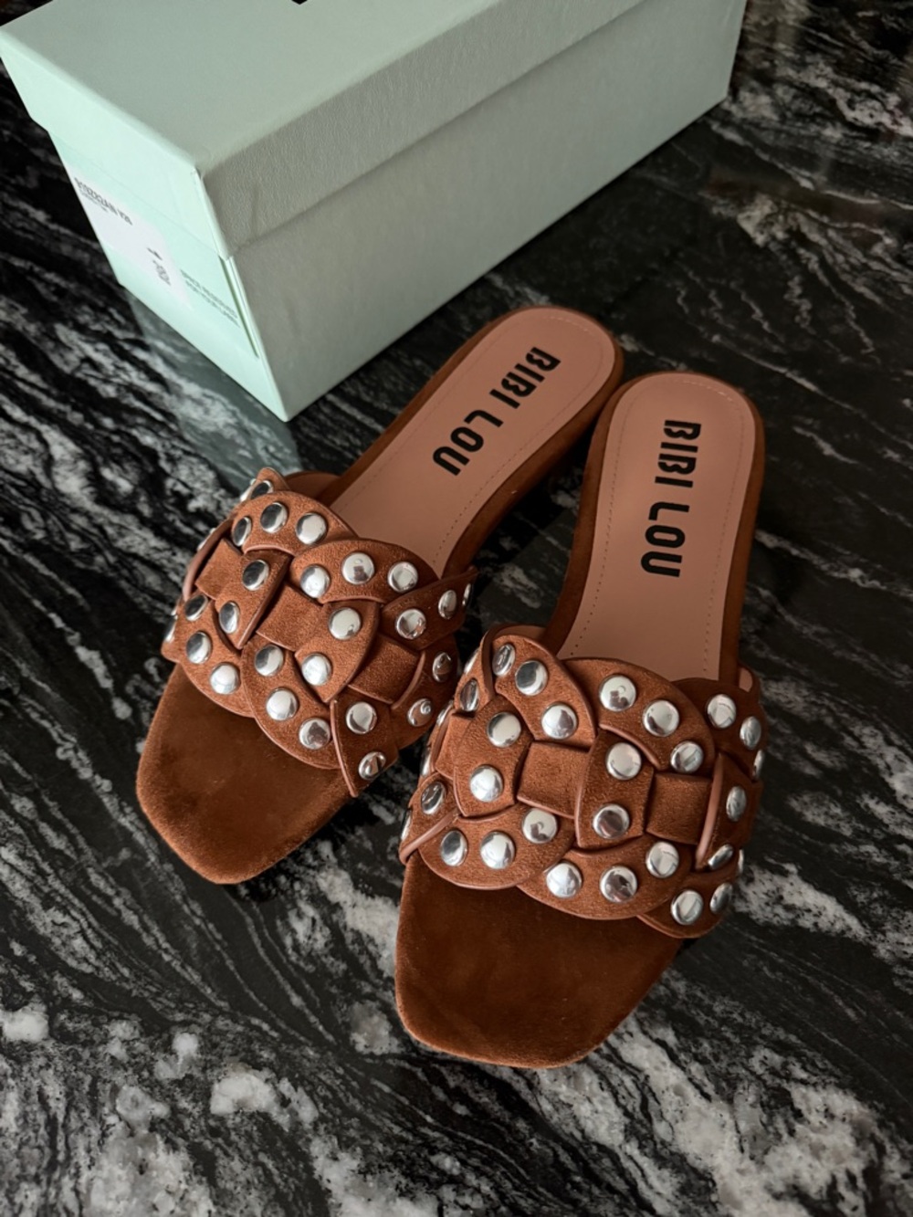 Like New! Bibi Lou Brown Braided Stud Slide Sandals sz 38